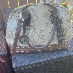 Chic Embossed Satchel with Brown Trim